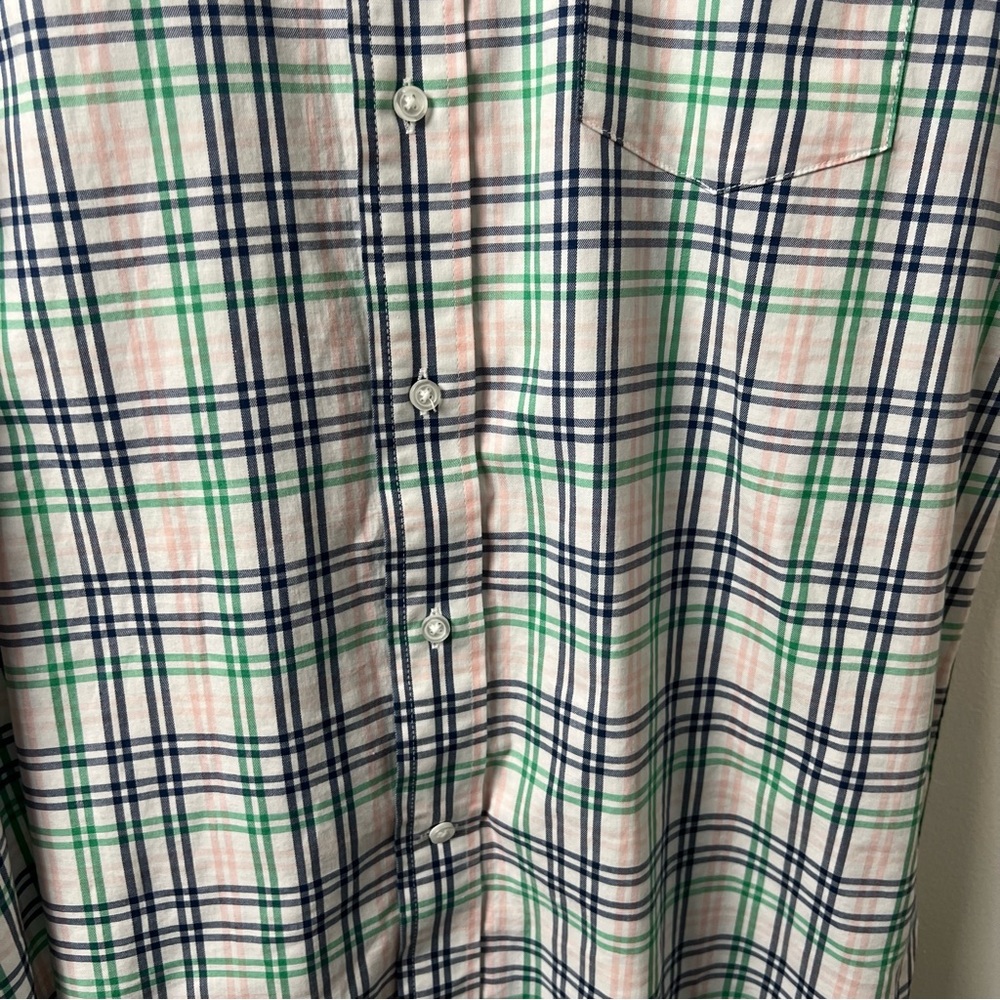George- Men’s Short Sleeve Button Down- White Pink Green Plaid- Large - Picture 6 of 9